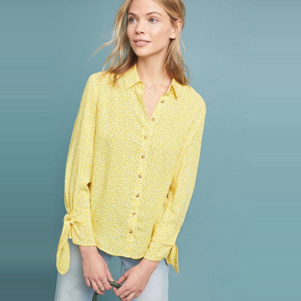 Anthropologie Maeve Blithe Button-Down Top size 4 Bow Detail Sleeve